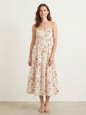 NWOT Linen Blend Fruit Print Tiered Midi Dress with Pockets L